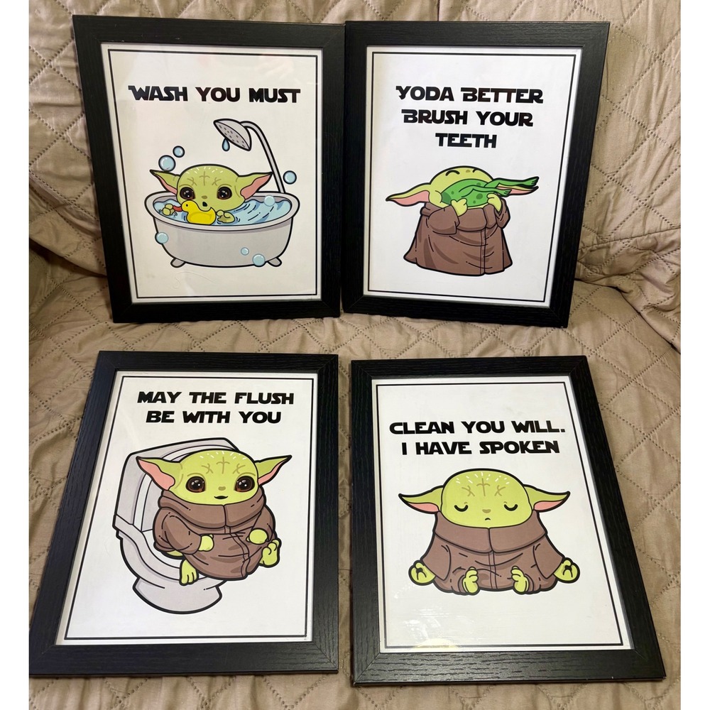 Star Wars Baby Yoda Bathroom Art Set 4 Framed Prints Grogu Decor Mandalorian
